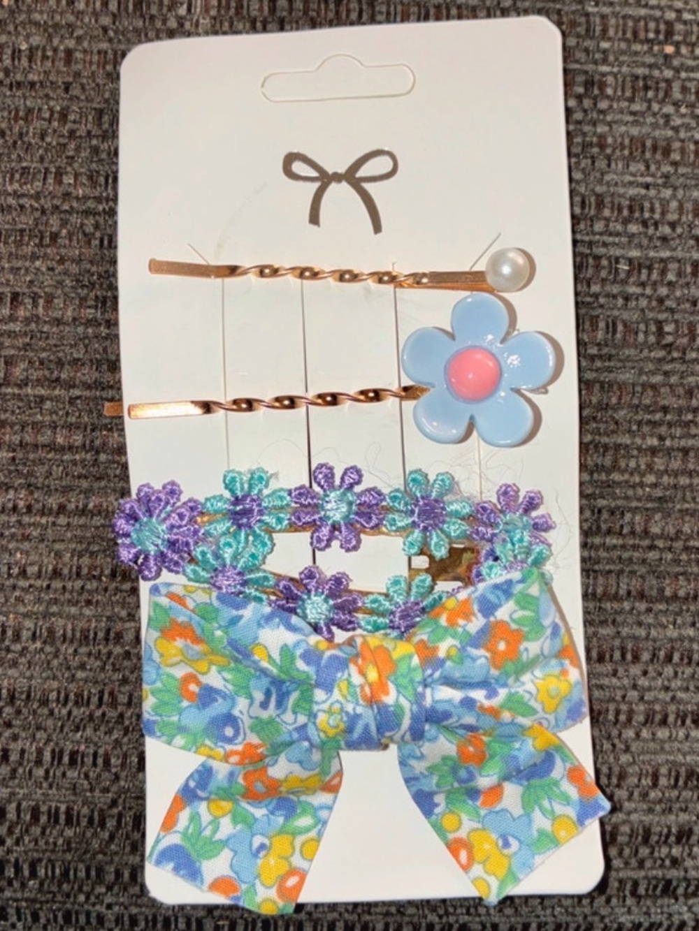 Kids Floral Bow and Flower Hair Clip Set - Blue, Purple, Pink